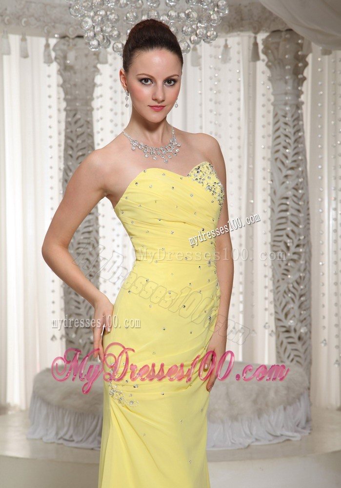 Full Length Chiffon Prom Dress in Yellow With Beadings and Ruching