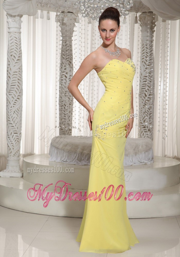 Full Length Chiffon Prom Dress in Yellow With Beadings and Ruching