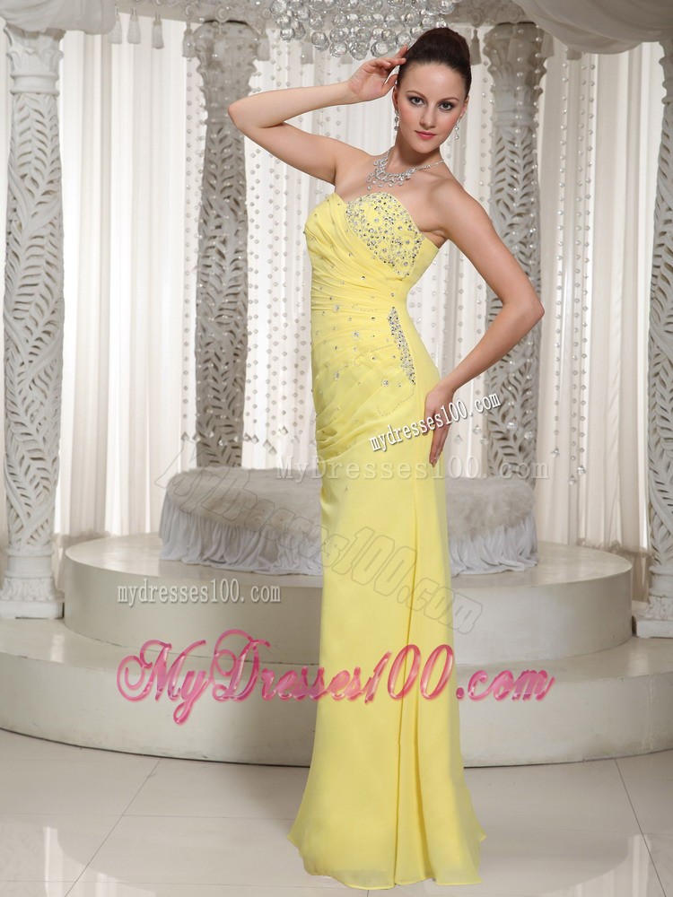 Full Length Chiffon Prom Dress in Yellow With Beadings and Ruching