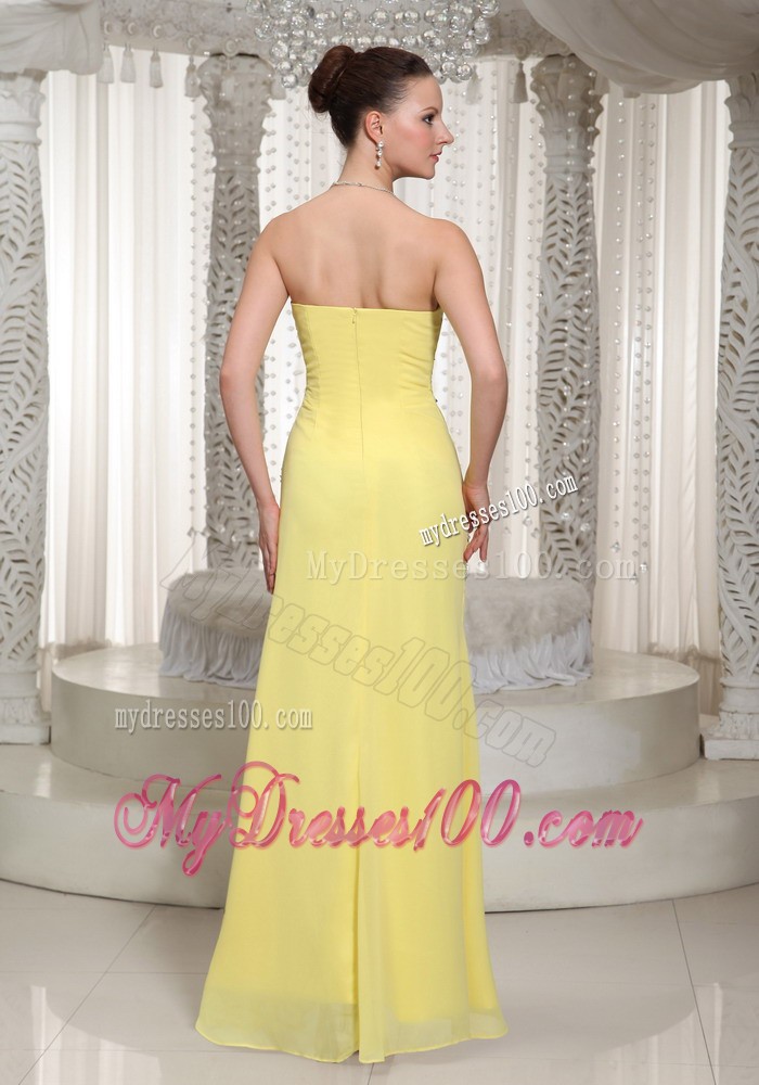 Full Length Chiffon Prom Dress in Yellow With Beadings and Ruching