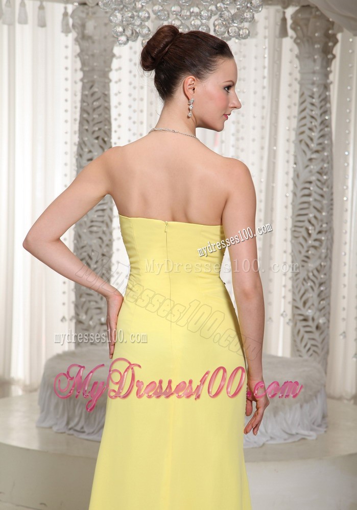 Full Length Chiffon Prom Dress in Yellow With Beadings and Ruching