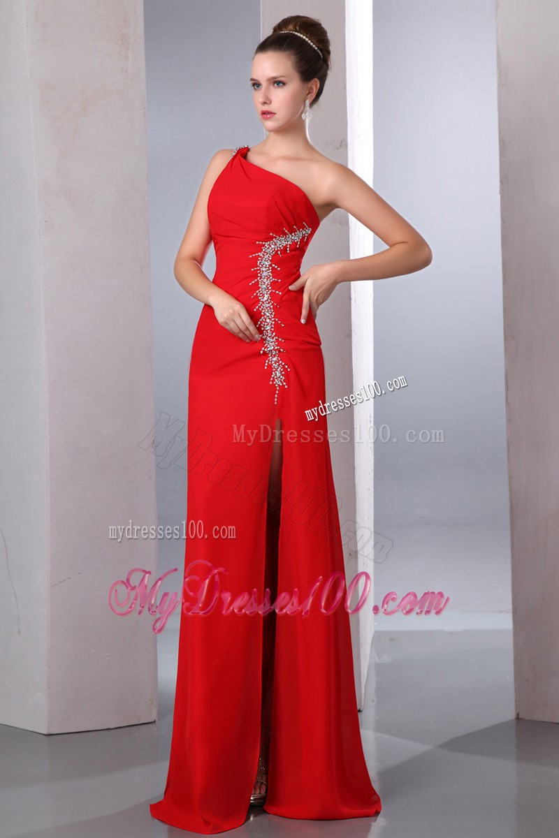 Red One Shoulder Chiffon Prom Dress with Appliques and High Slit