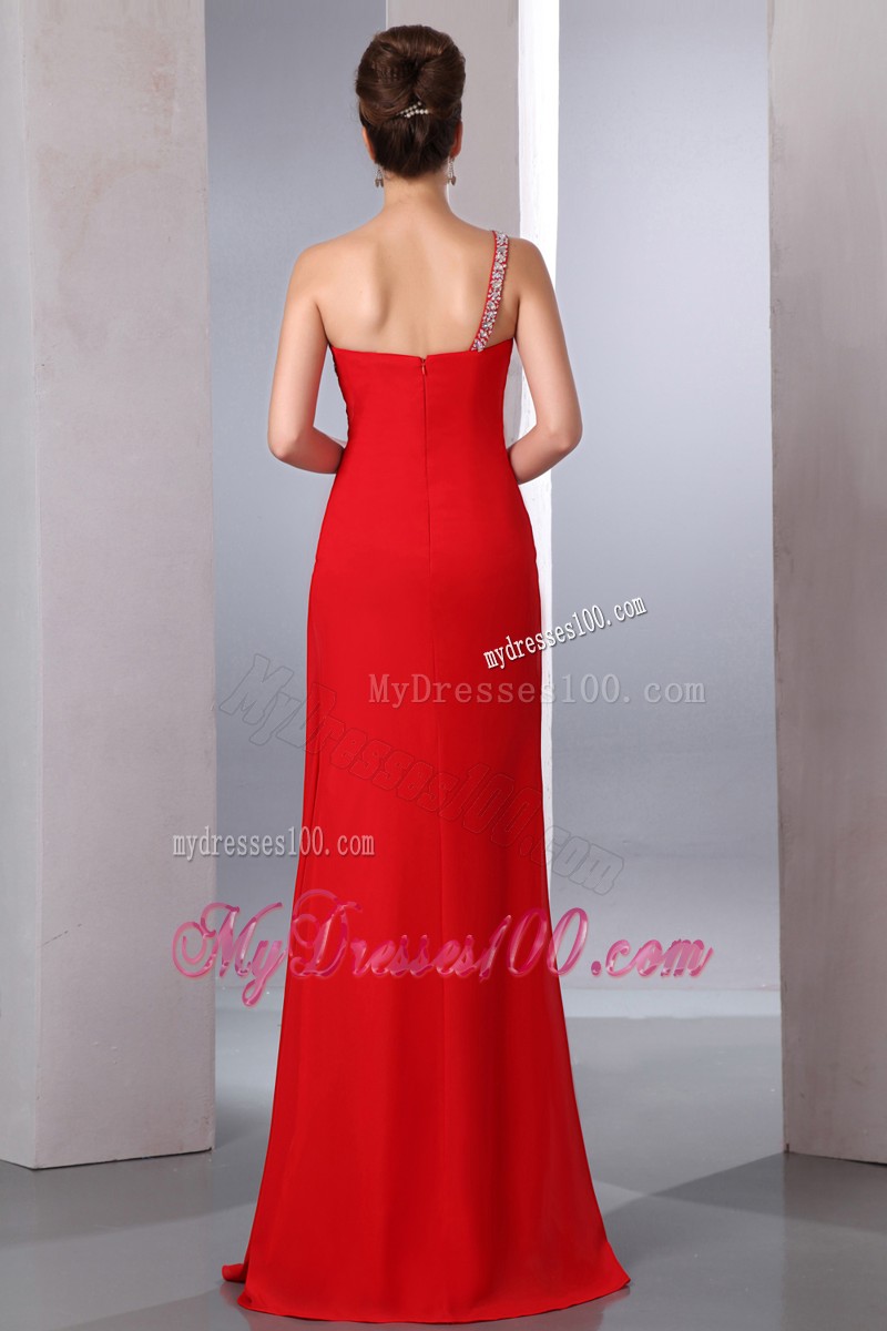 Red One Shoulder Chiffon Prom Dress with Appliques and High Slit