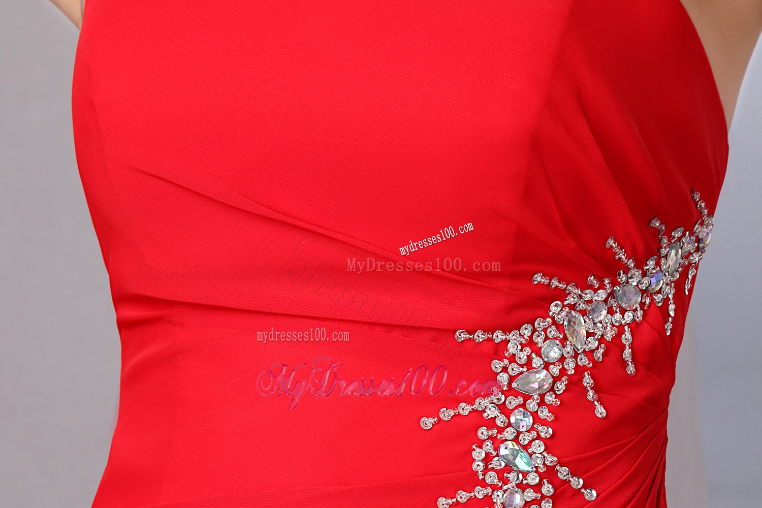 Red One Shoulder Chiffon Prom Dress with Appliques and High Slit