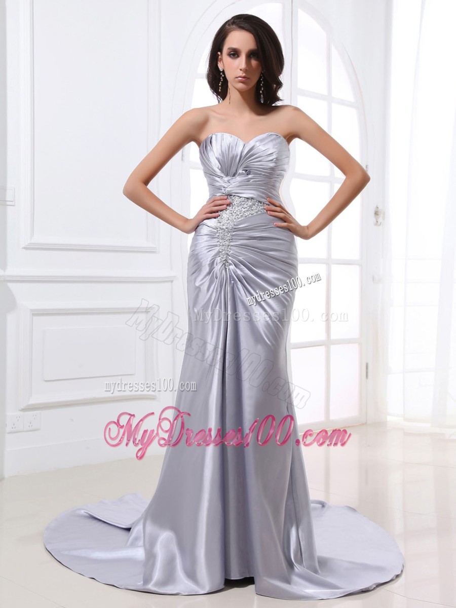 Sliver Ruching and Beading Decorated Prom Dress with Court train