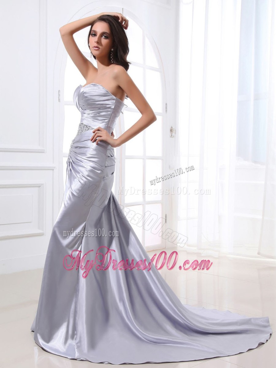 Sliver Ruching and Beading Decorated Prom Dress with Court train