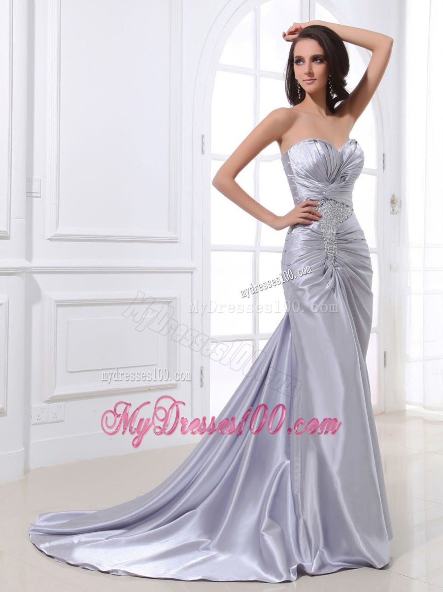 Sliver Ruching and Beading Decorated Prom Dress with Court train