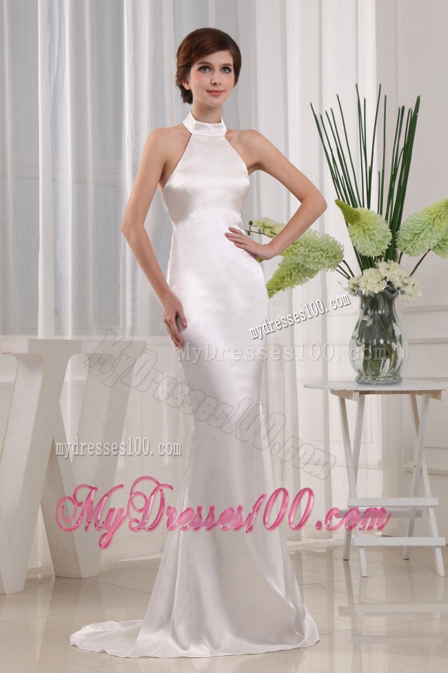 Simple High Neck Mermaid Prom Gowns in White with Brush Train