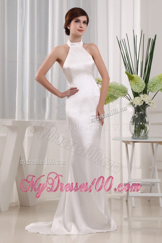 Simple High Neck Mermaid Prom Gowns in White with Brush Train