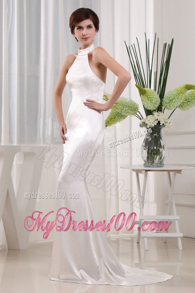 Simple High Neck Mermaid Prom Gowns in White with Brush Train