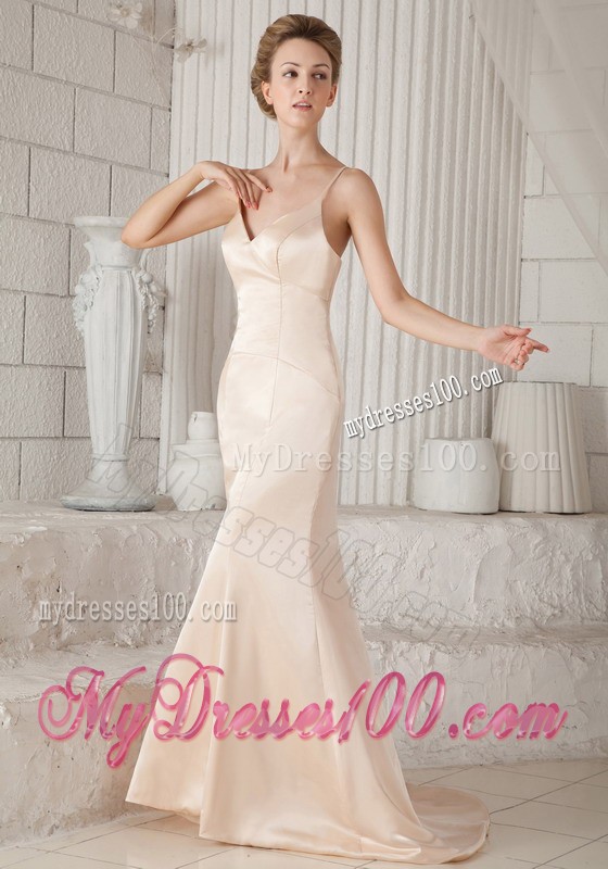 Champagne Spaghetti Straps Mermaid Brush Train V-neck Prom Dresses