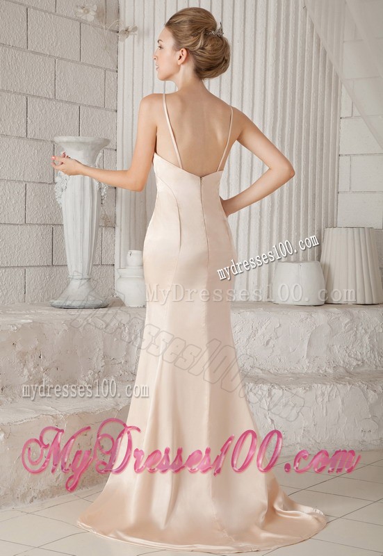 Champagne Spaghetti Straps Mermaid Brush Train V-neck Prom Dresses