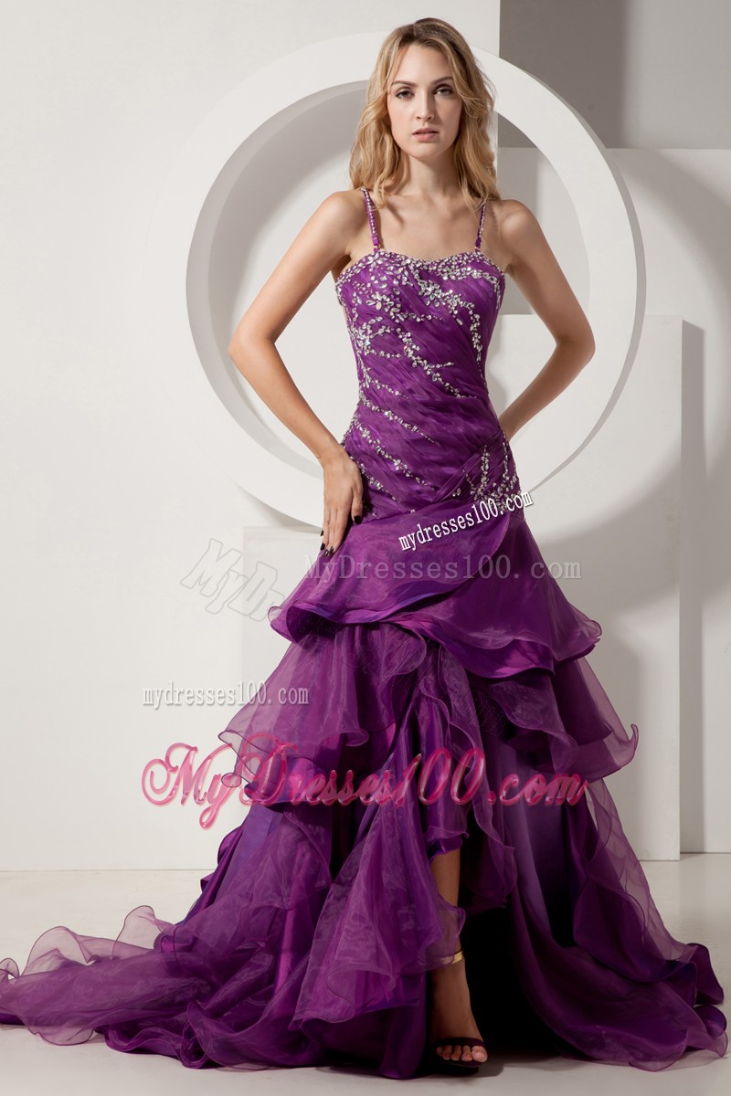 A-line Spaghetti Straps Backless Train Prom Dress in Purple
