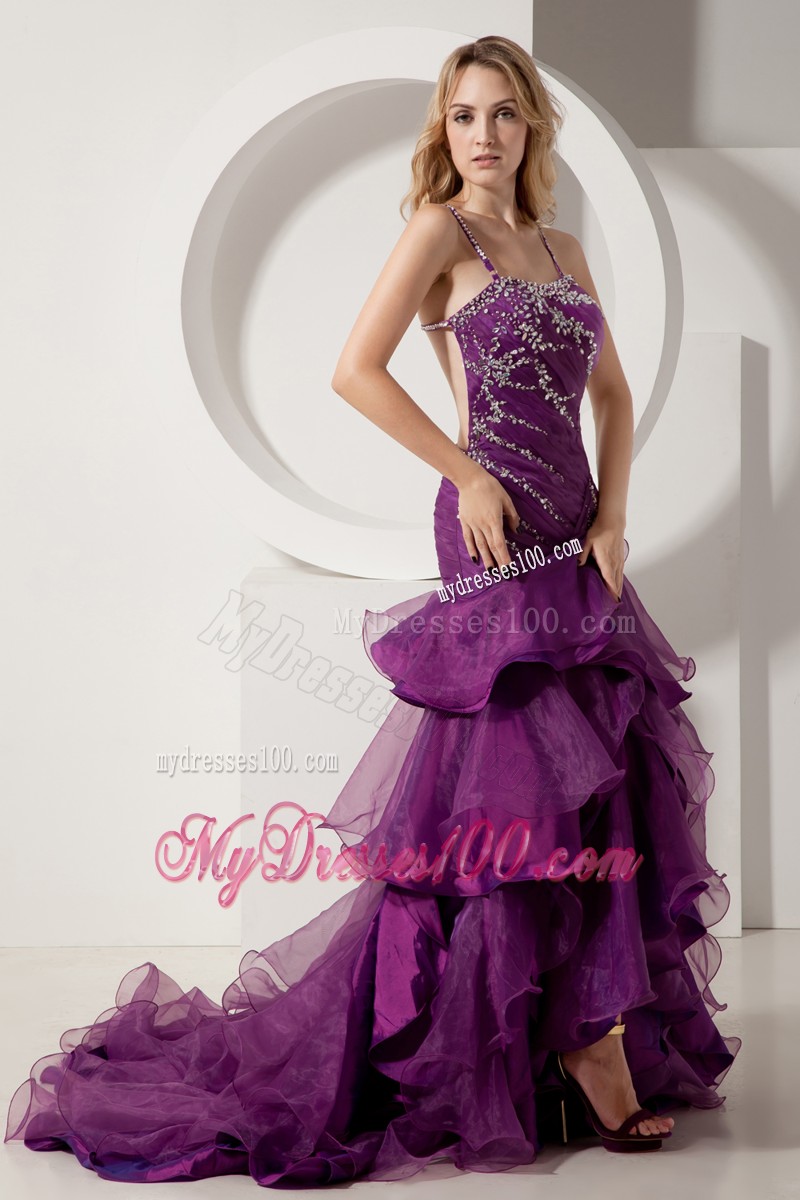 A-line Spaghetti Straps Backless Train Prom Dress in Purple