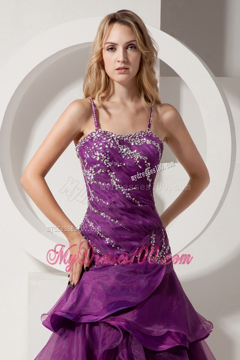 A-line Spaghetti Straps Backless Train Prom Dress in Purple