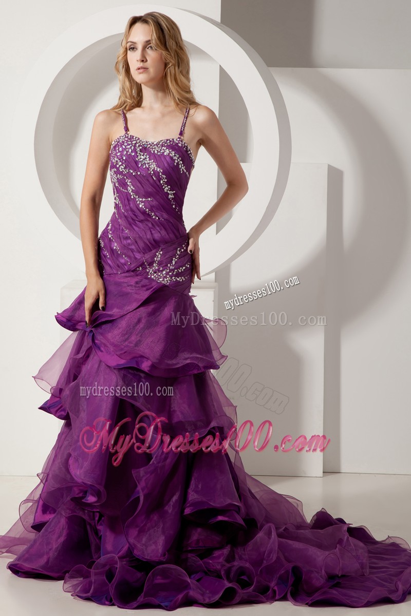 A-line Spaghetti Straps Backless Train Prom Dress in Purple