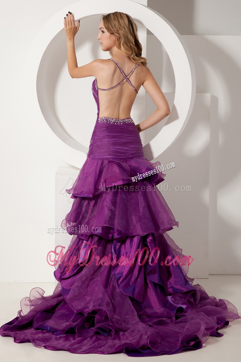 A-line Spaghetti Straps Backless Train Prom Dress in Purple