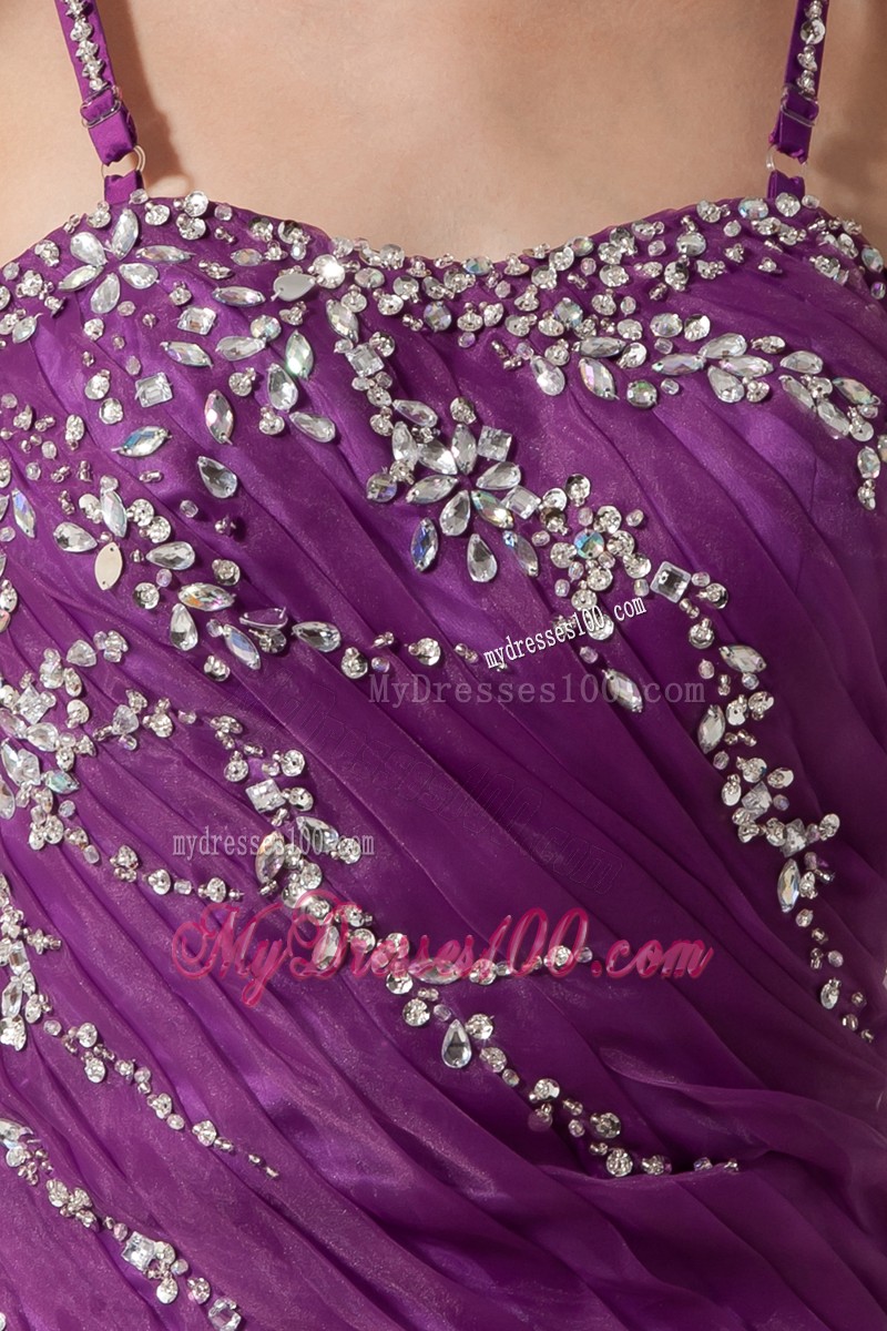 A-line Spaghetti Straps Backless Train Prom Dress in Purple