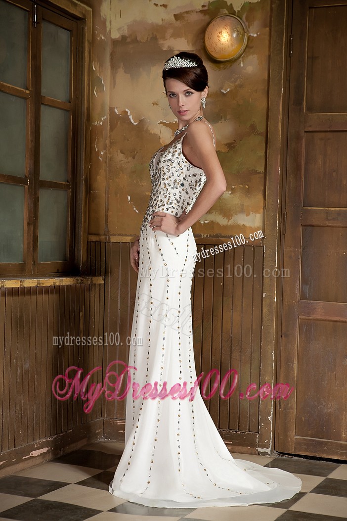 White Column Straps Brush Prom Gown with Beading