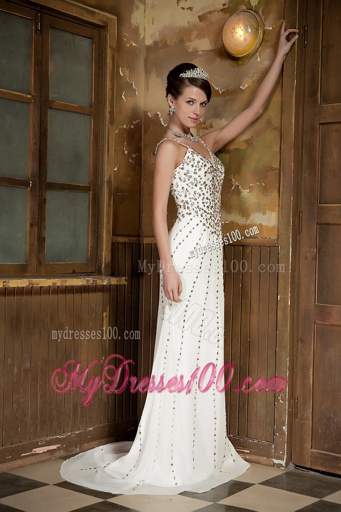 White Column Straps Brush Prom Gown with Beading