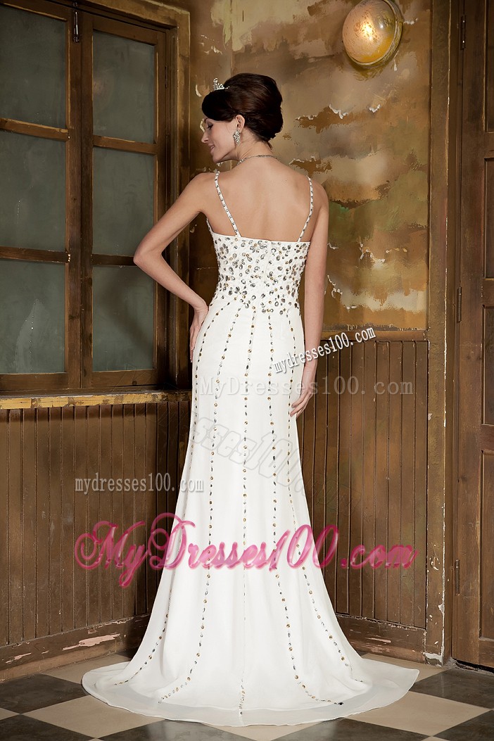 White Column Straps Brush Prom Gown with Beading