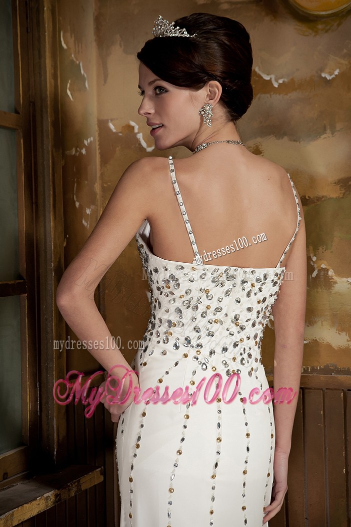 White Column Straps Brush Prom Gown with Beading