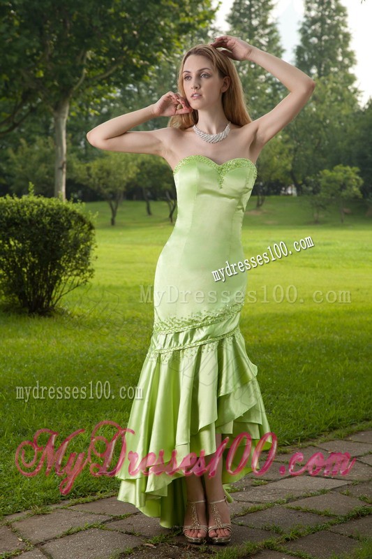 Light Green Beaded Mermaid High-low Prom Dress with Ruffles