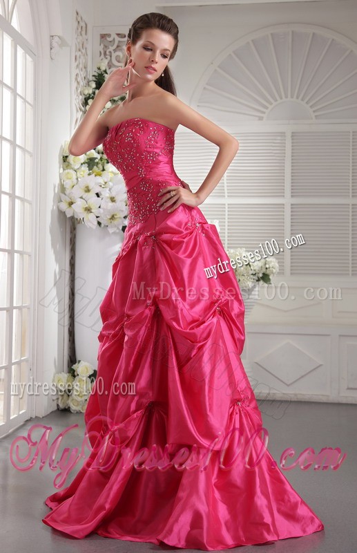 Dressed to the Teeth Pick-ups Beaded Floor-length Fuchsia Prom Dresses