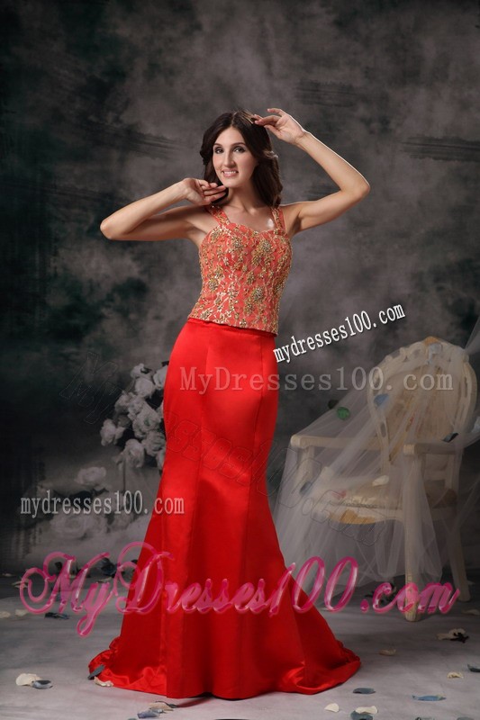 Straps Mermaid Prom Dress with Gold Appliques and Pick-ups Court train