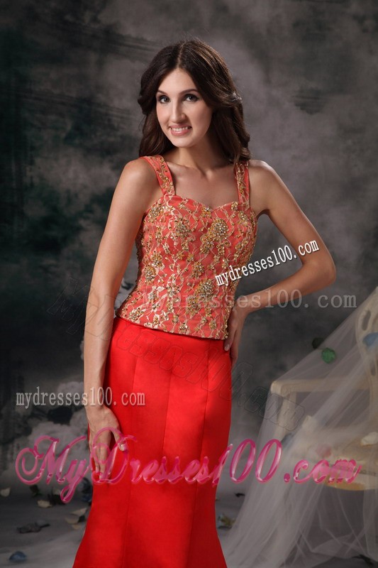 Straps Mermaid Prom Dress with Gold Appliques and Pick-ups Court train