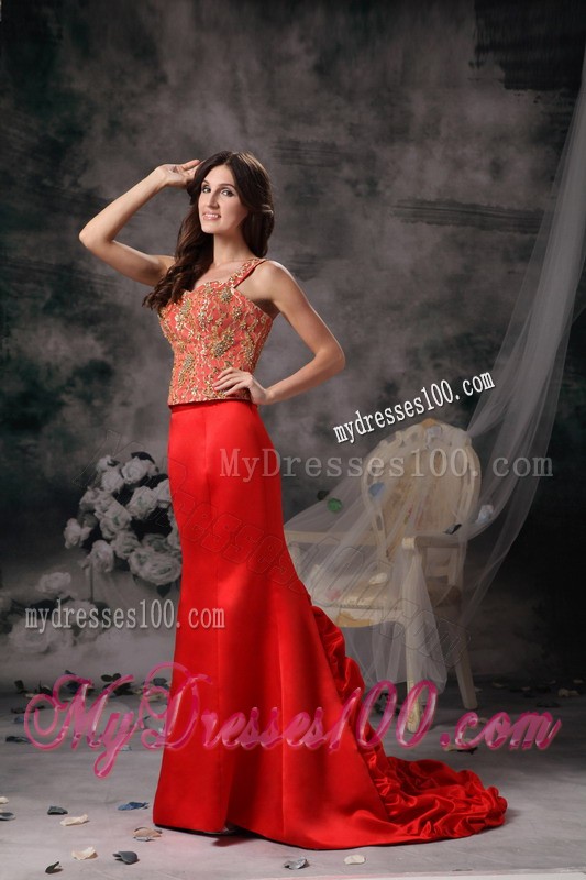 Straps Mermaid Prom Dress with Gold Appliques and Pick-ups Court train