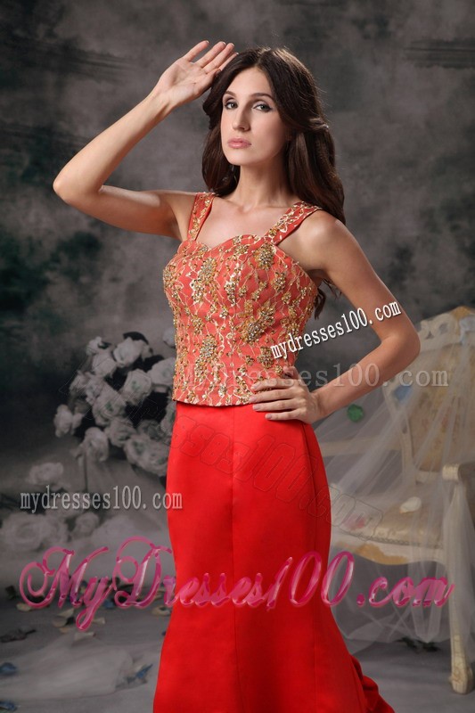 Straps Mermaid Prom Dress with Gold Appliques and Pick-ups Court train