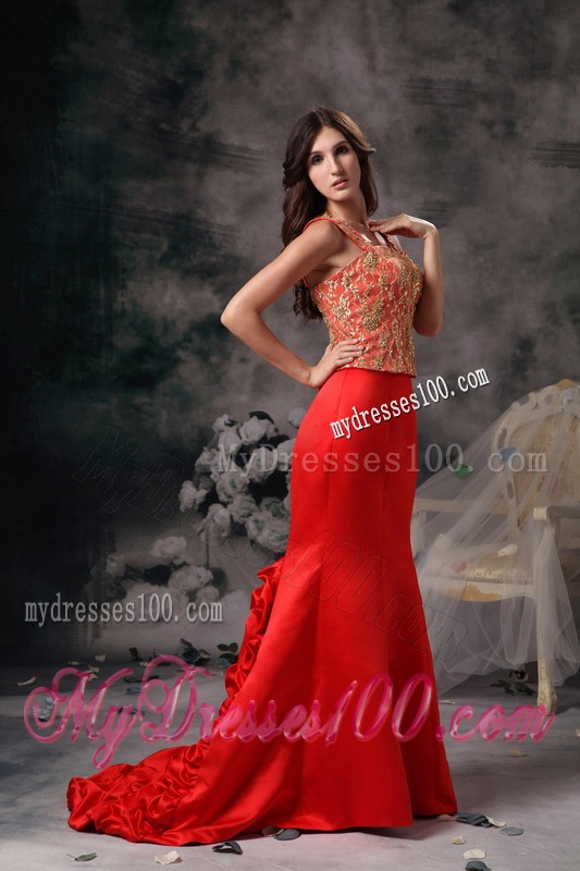 Straps Mermaid Prom Dress with Gold Appliques and Pick-ups Court train