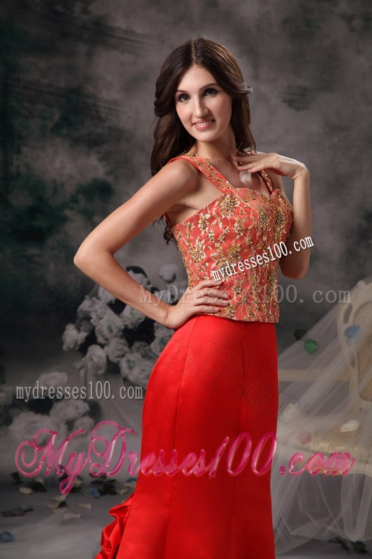 Straps Mermaid Prom Dress with Gold Appliques and Pick-ups Court train