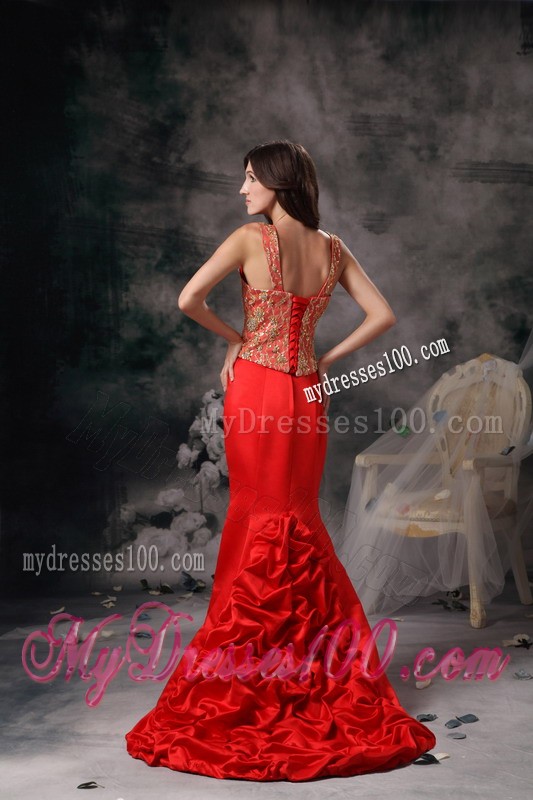 Straps Mermaid Prom Dress with Gold Appliques and Pick-ups Court train