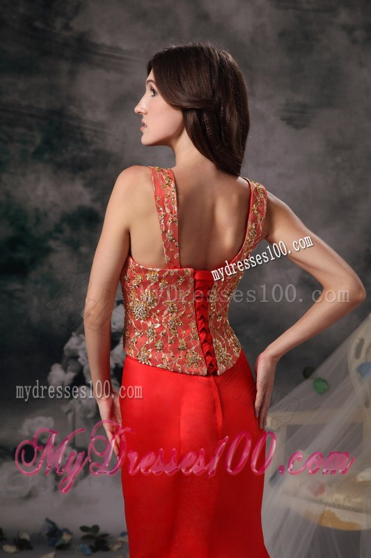 Straps Mermaid Prom Dress with Gold Appliques and Pick-ups Court train