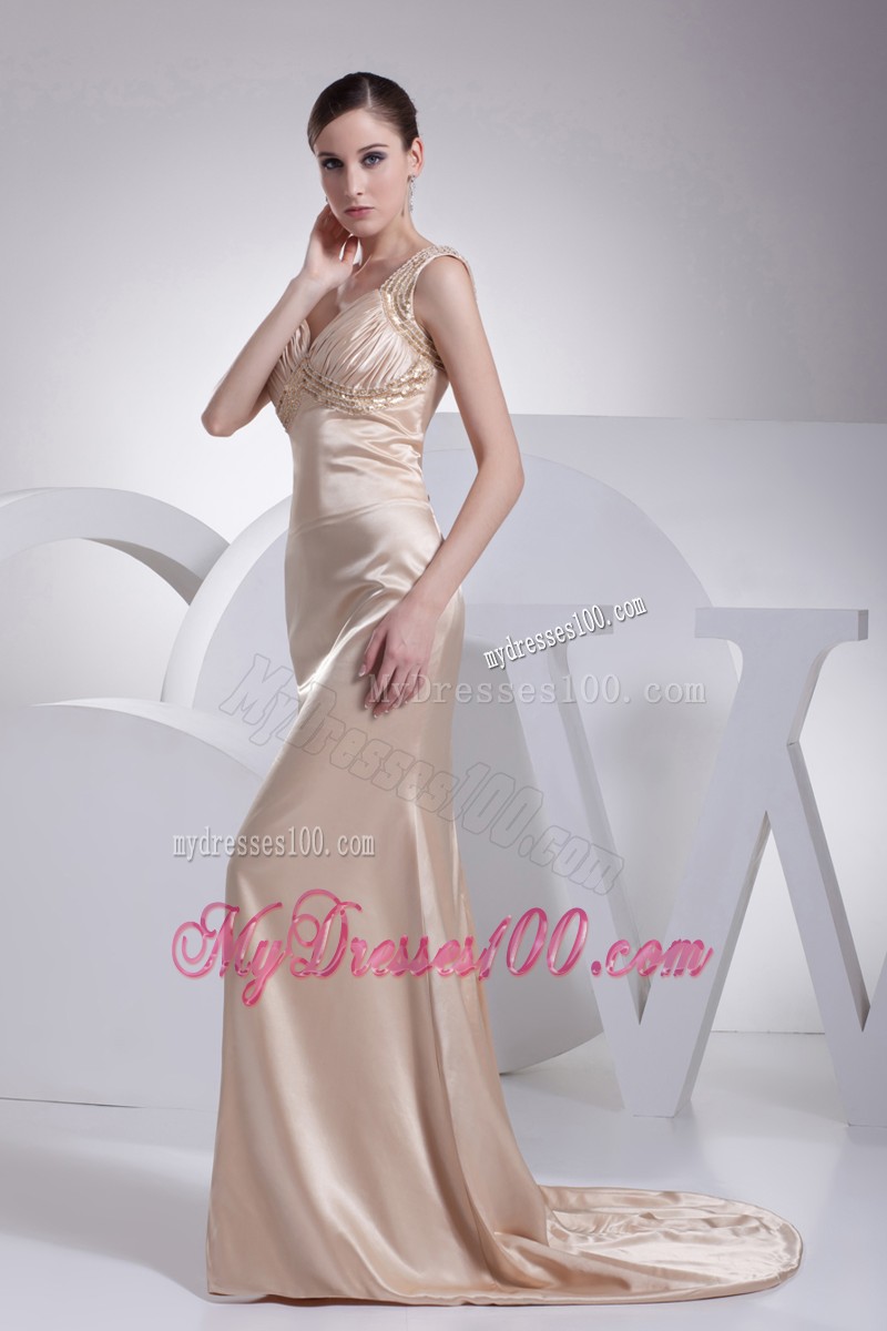 Recommended Champagne Straps Ruche Prom Dress for Women