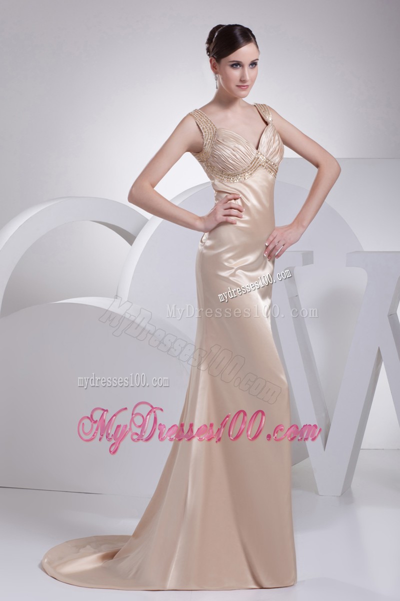 Recommended Champagne Straps Ruche Prom Dress for Women