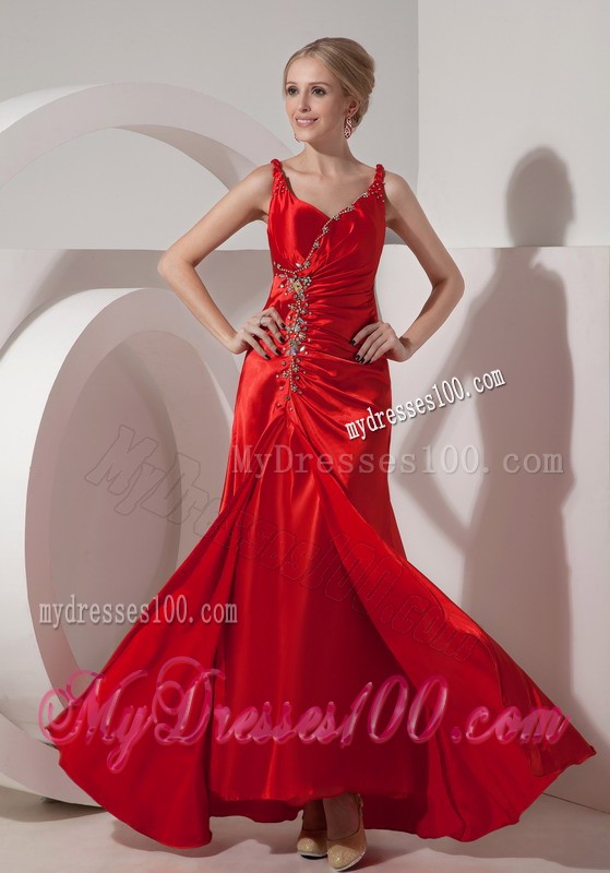 Straps Red Prom Dress Decorated with Ruching and Shining Beadings