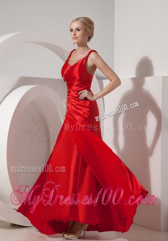 Straps Red Prom Dress Decorated with Ruching and Shining Beadings