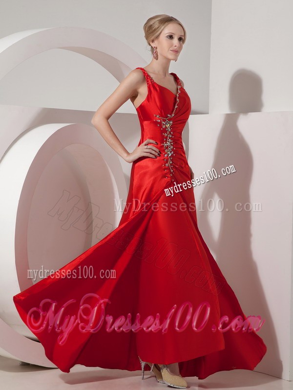 Straps Red Prom Dress Decorated with Ruching and Shining Beadings