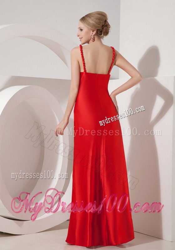 Straps Red Prom Dress Decorated with Ruching and Shining Beadings
