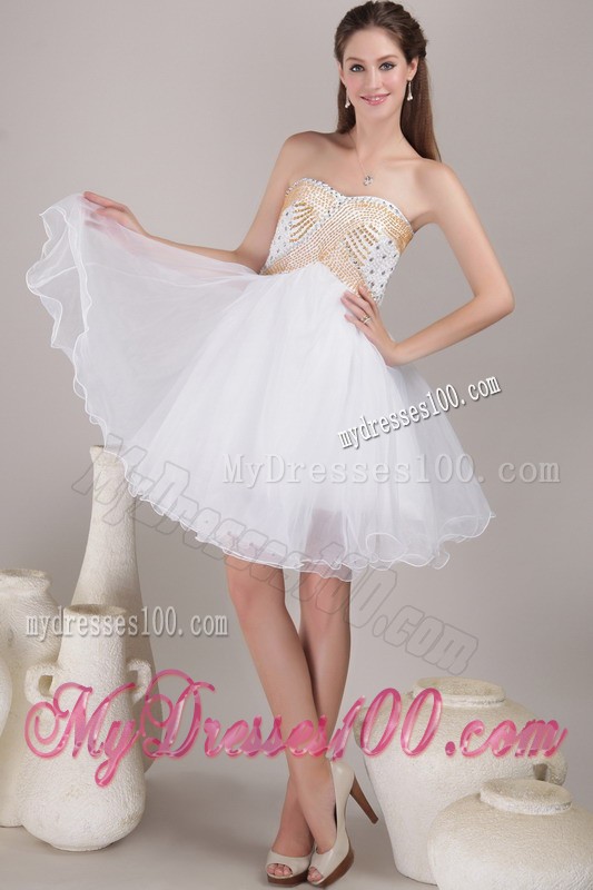 White Princess Sweetheart Knee-length Prom Gown with Gold and Sheer Diamonds