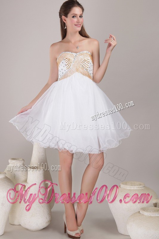 White Princess Sweetheart Knee-length Prom Gown with Gold and Sheer Diamonds