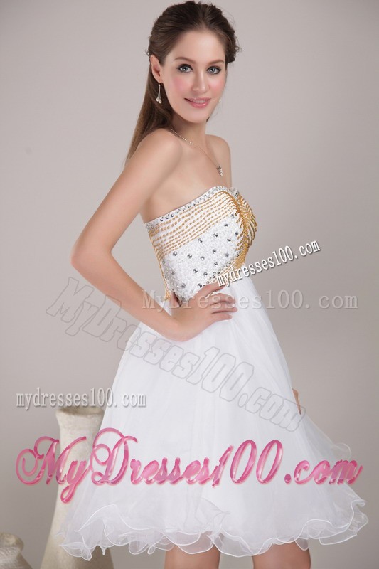 White Princess Sweetheart Knee-length Prom Gown with Gold and Sheer Diamonds