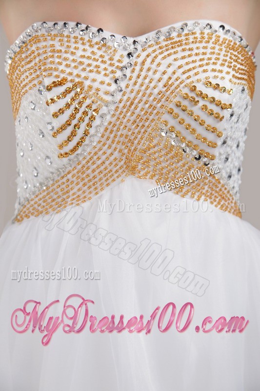 White Princess Sweetheart Knee-length Prom Gown with Gold and Sheer Diamonds