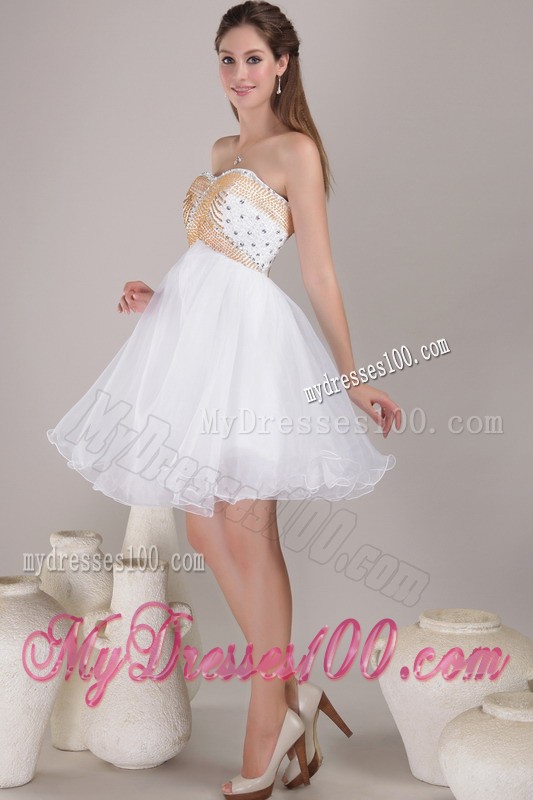 White Princess Sweetheart Knee-length Prom Gown with Gold and Sheer Diamonds