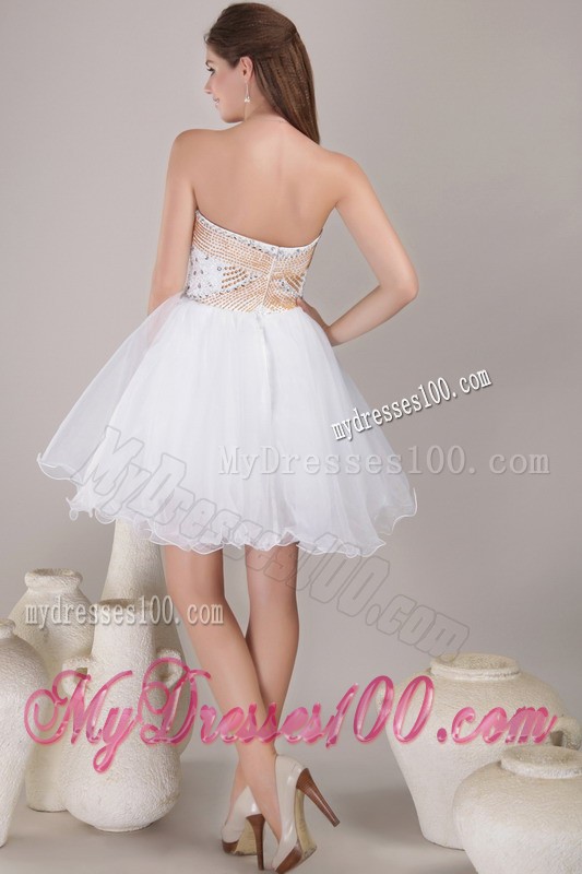 White Princess Sweetheart Knee-length Prom Gown with Gold and Sheer Diamonds
