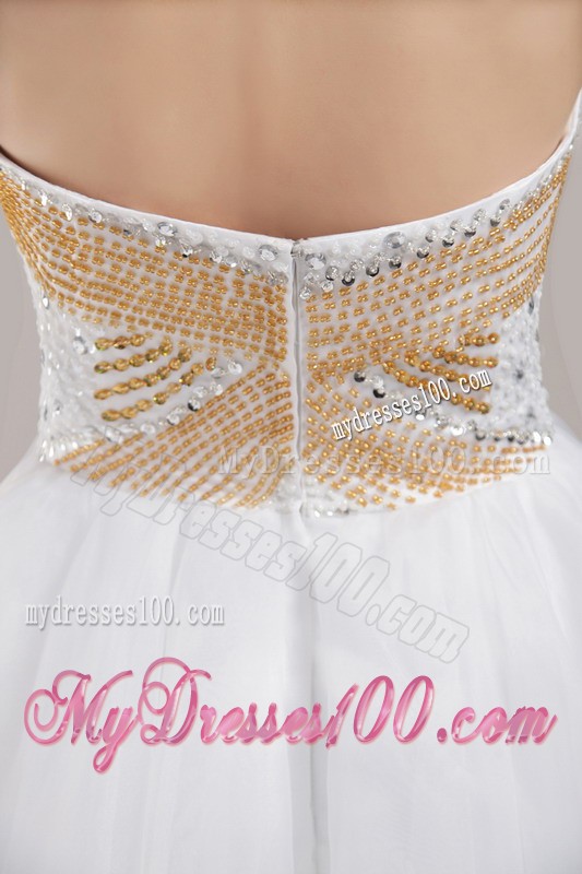 White Princess Sweetheart Knee-length Prom Gown with Gold and Sheer Diamonds