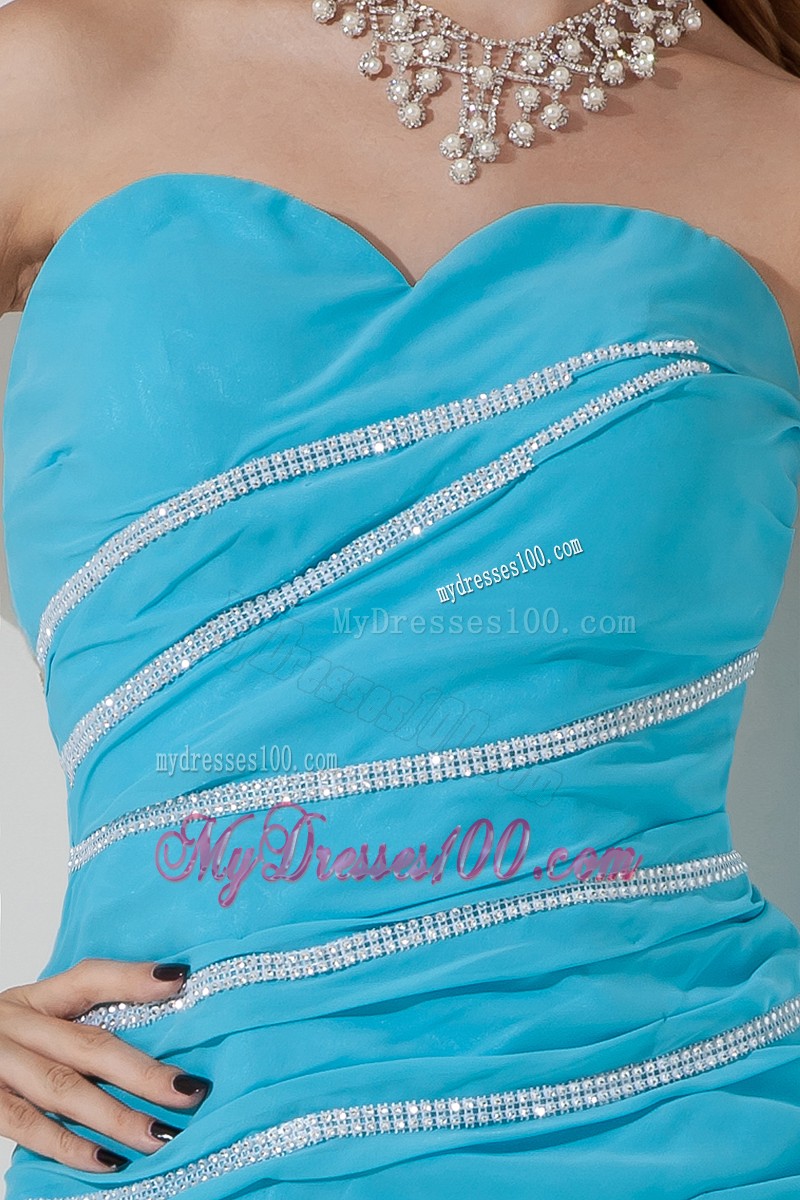 Aqua Column Short Prom Dress Mini-length with White Beadings